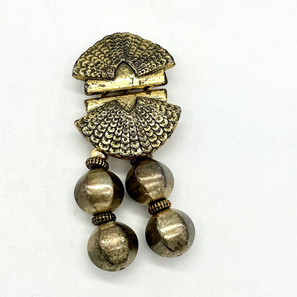 Vintage Gold Tone‎ Brooch Fan Design Dangle Bead Statement Pin